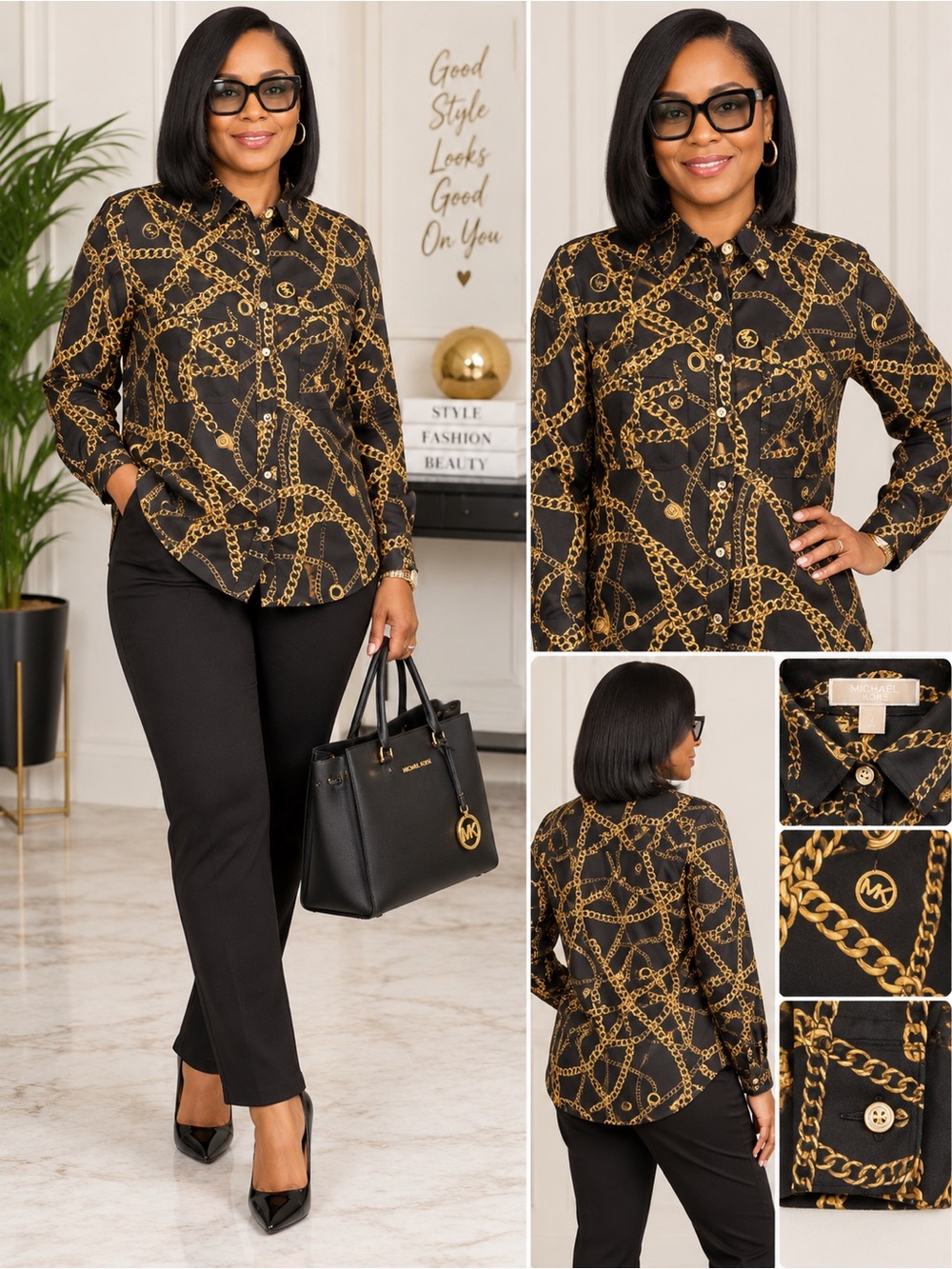 MICHAEL Michael Kors Black Shirt with Gold Chain Print